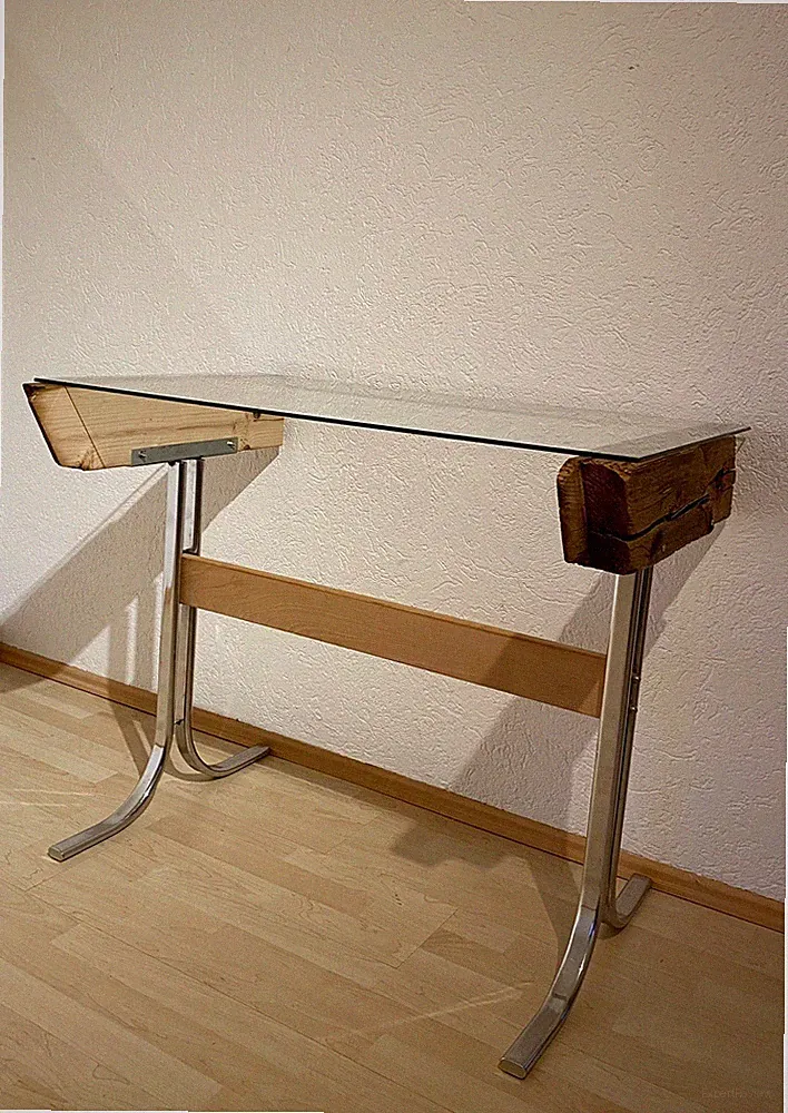Upcycling Glastisch Tisch Esstisch Beistelltisch Schreibtisch 70er Jahre Fuß neu