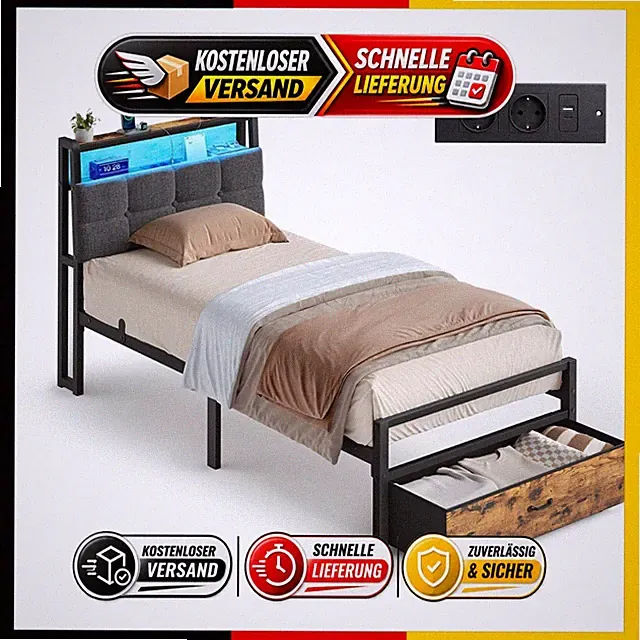 VASAGLE Bettgestell 90x200cm LED-Beleuchtung Ladestation Metall 1 Schublade