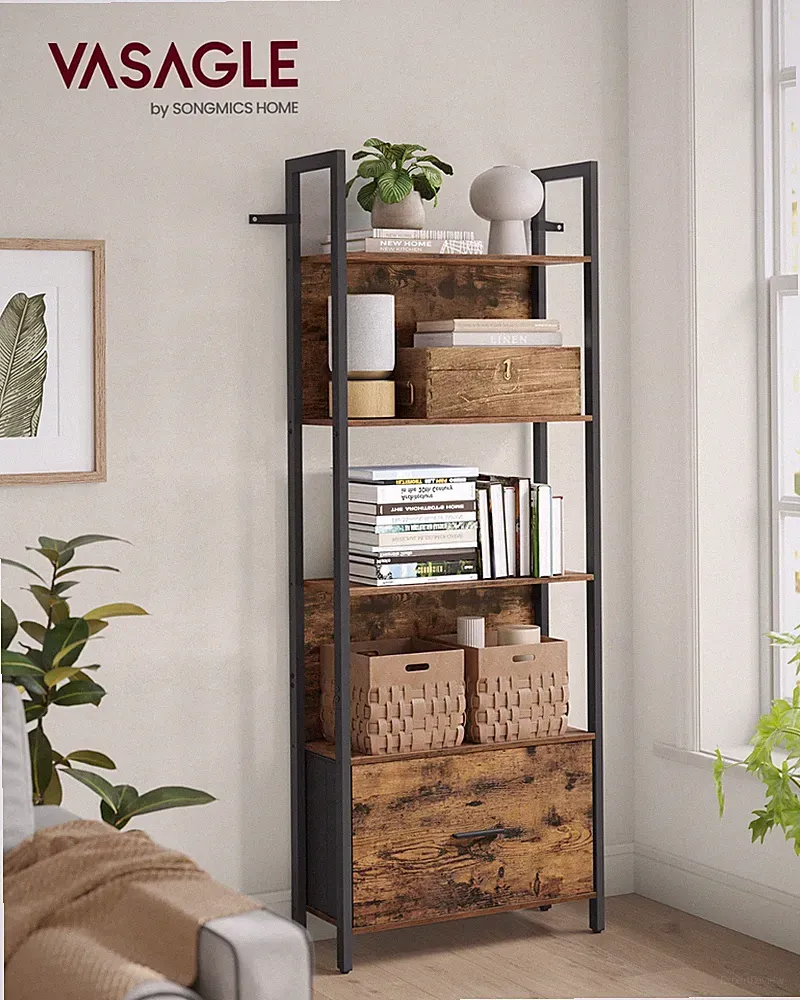 VASAGLE Bücherregal, Eckregal mit Schublade, Leiterregal, Industrial-Design