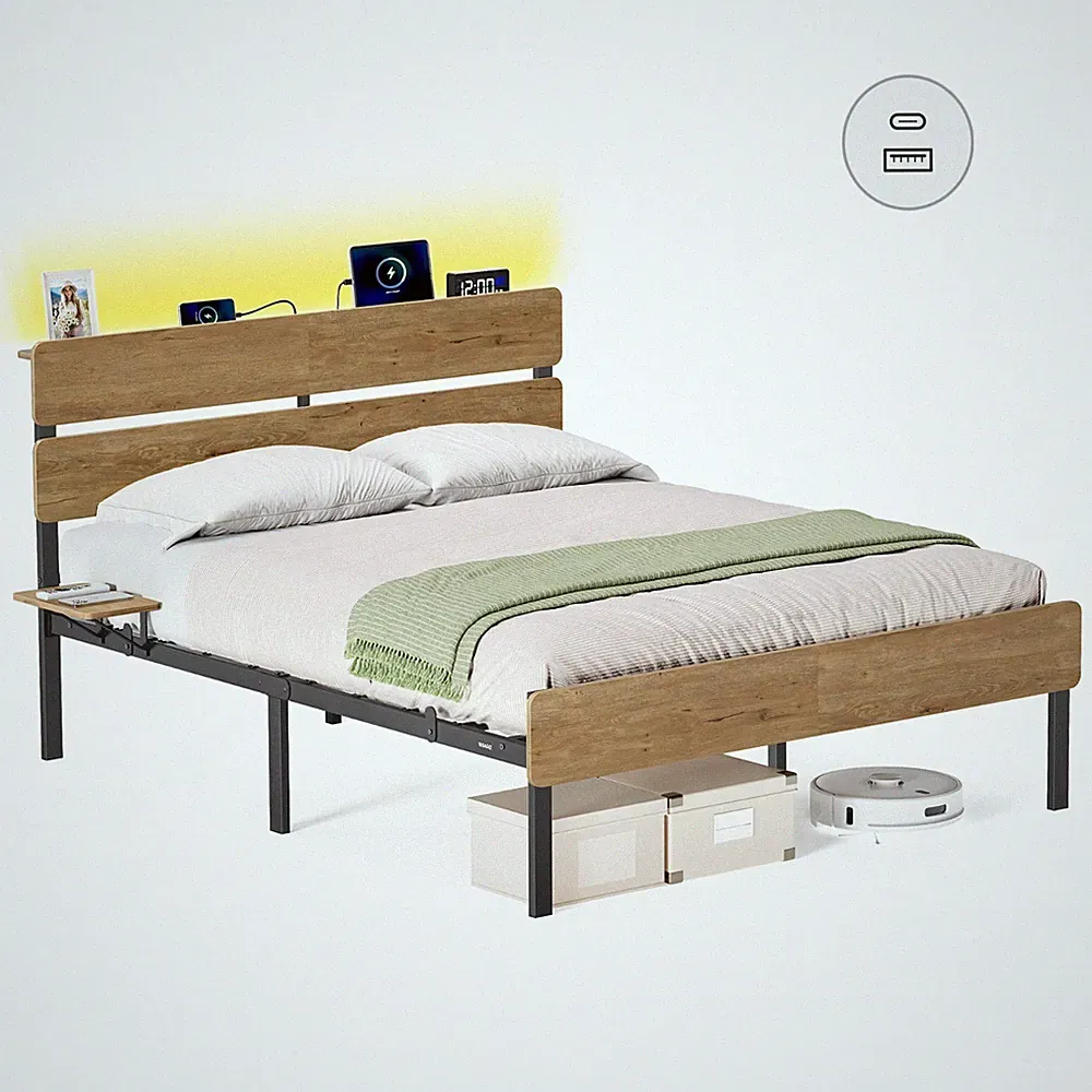 VASAGLE Doppelbettgestell, Bett, 140 x 200 cm, Metallrahmen, LED-Beleuchtung