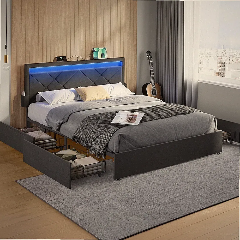 VASAGLE Doppelbettgestell, Bettgestell, Passend Für 140 X 200 Cm Matratze, LED