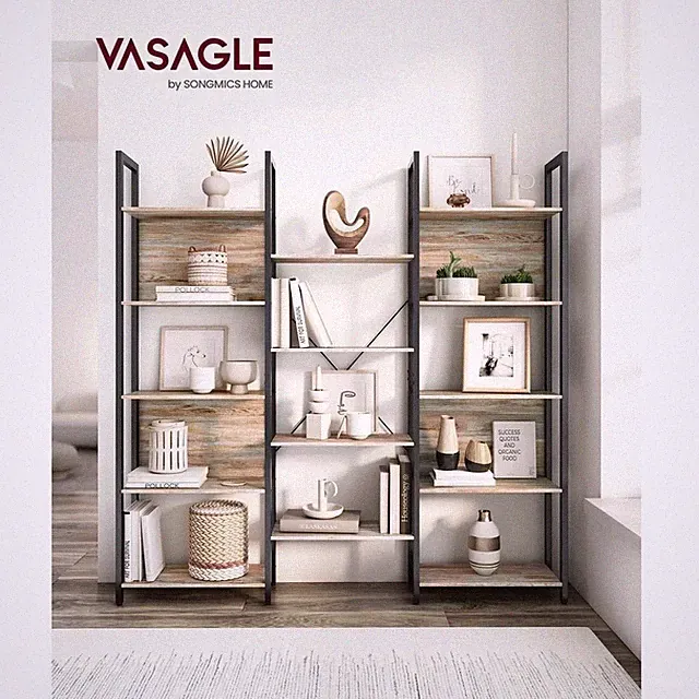 VASAGLE großes Bücherregal, industrielle Aufbewahrungsvitrine mit 14 Ablagen, Eiche