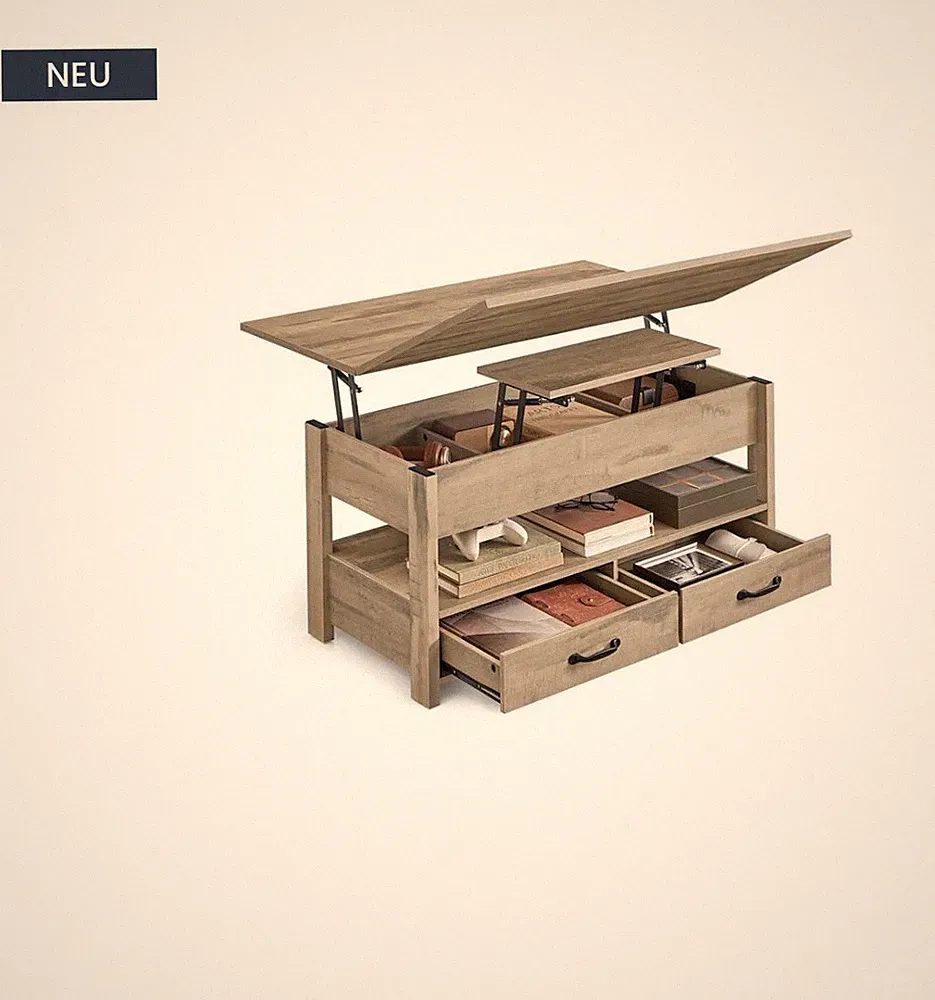 *VASAGLE* Höhenverstellbarer Couchtisch mit Schubladen&Fächern Farbe: Kamelbraun