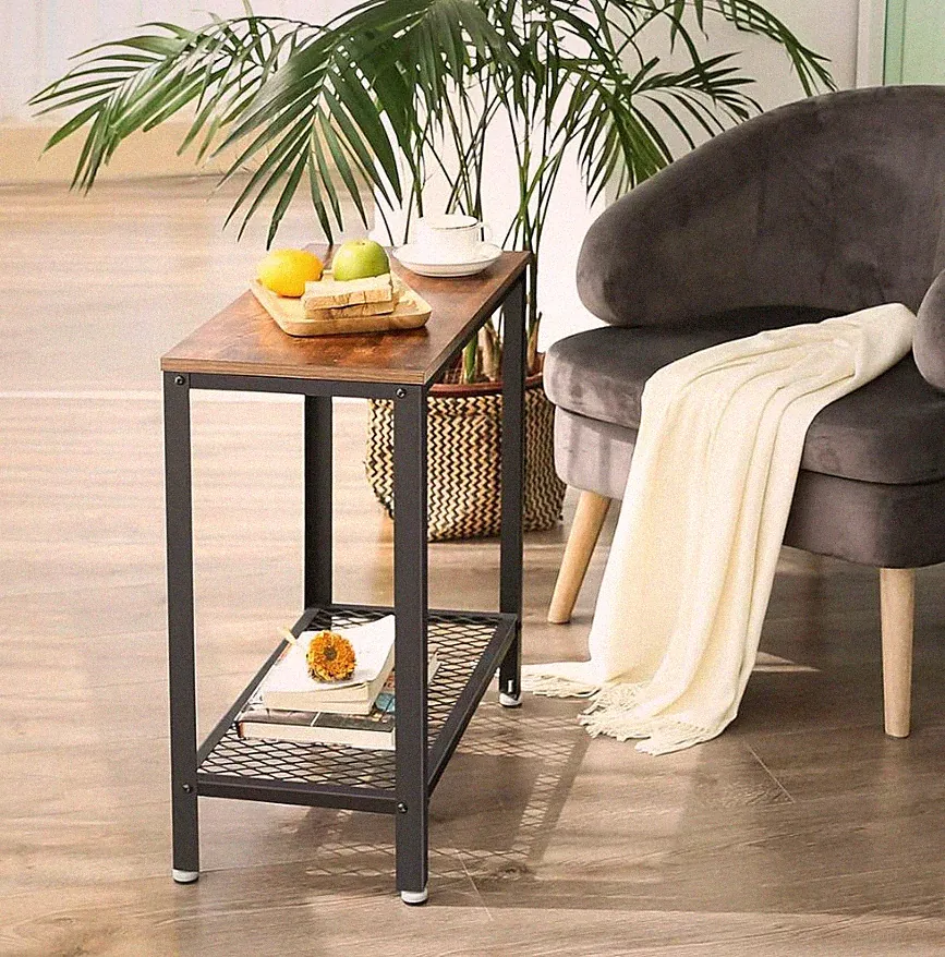 VASAGLE Industrial Sofa Beistelltisch Eingang schmal Holz Regal Metallgestell, braun