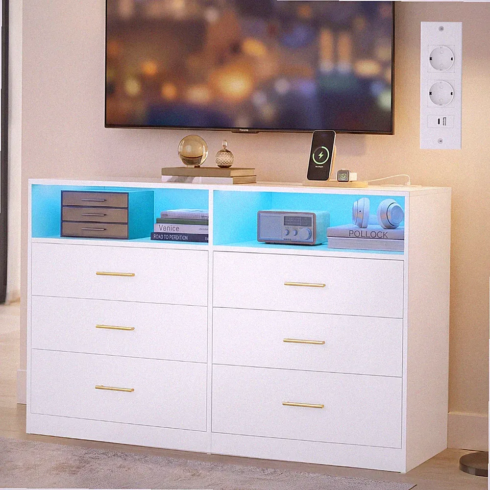 VASAGLE Kommode mit LED-Beleuchtung und Ladestation, 6 Schubladen, modern