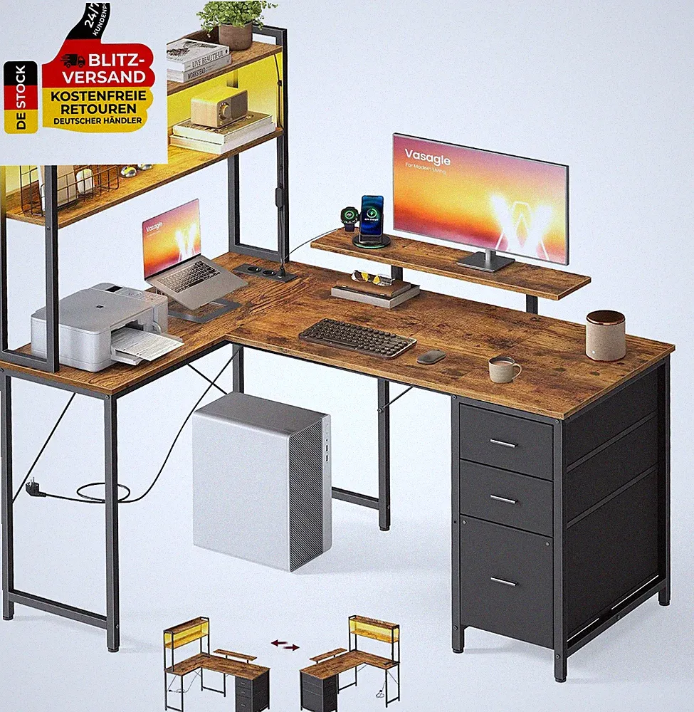 VASAGLE L-Form Schreibtisch, Eckschreibtisch Mit Steckdosen Und Led-Beleuchtung