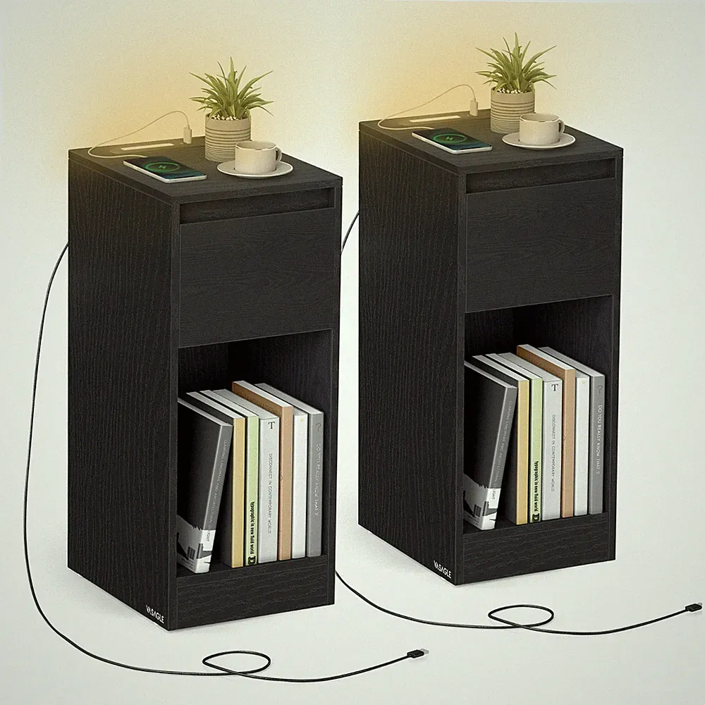 VASAGLE Nachttisch, schmal Beistelltisch, LED-Beleuchtung, USB-AnschlussLETDE610