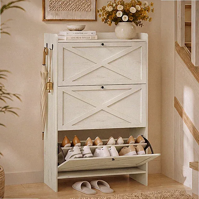 VASAGLE Schmaler Schuhkipper mit 3/4 Klappen, Landhausstil für 24 Paar Schuhe