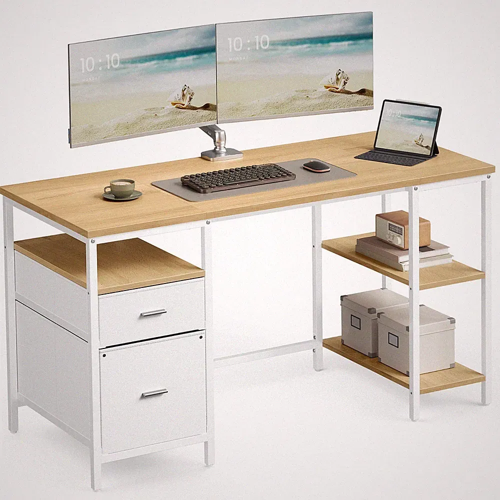VASAGLE Schreibtisch mit 3 Ablagen, Bürotisch mit 2 Schubladen, Industrie-Stil