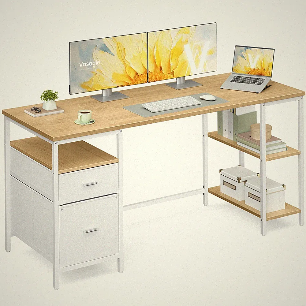 VASAGLE Schreibtisch mit 3 Ablagen, Bürotisch mit 2 Schubladen, moderner Stil