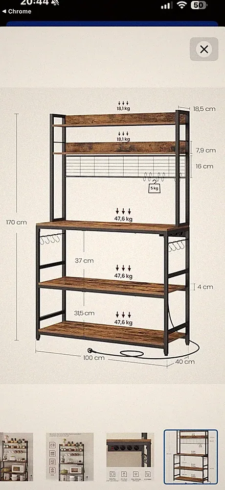VASAGLE Standregal, Küchenregal mit Steckdosen, 14 Haken, 40 x 80 x 170