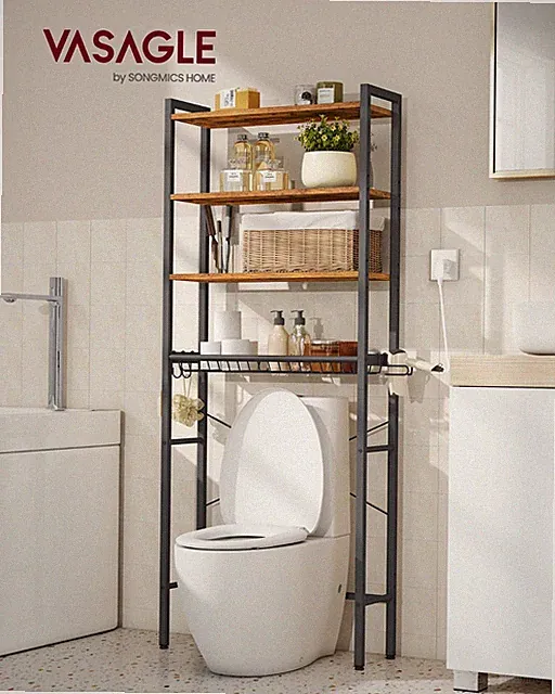 VASAGLE Toilettenregal, Badezimmerregal mit verstellbaren Ablagen und Gitterkorb