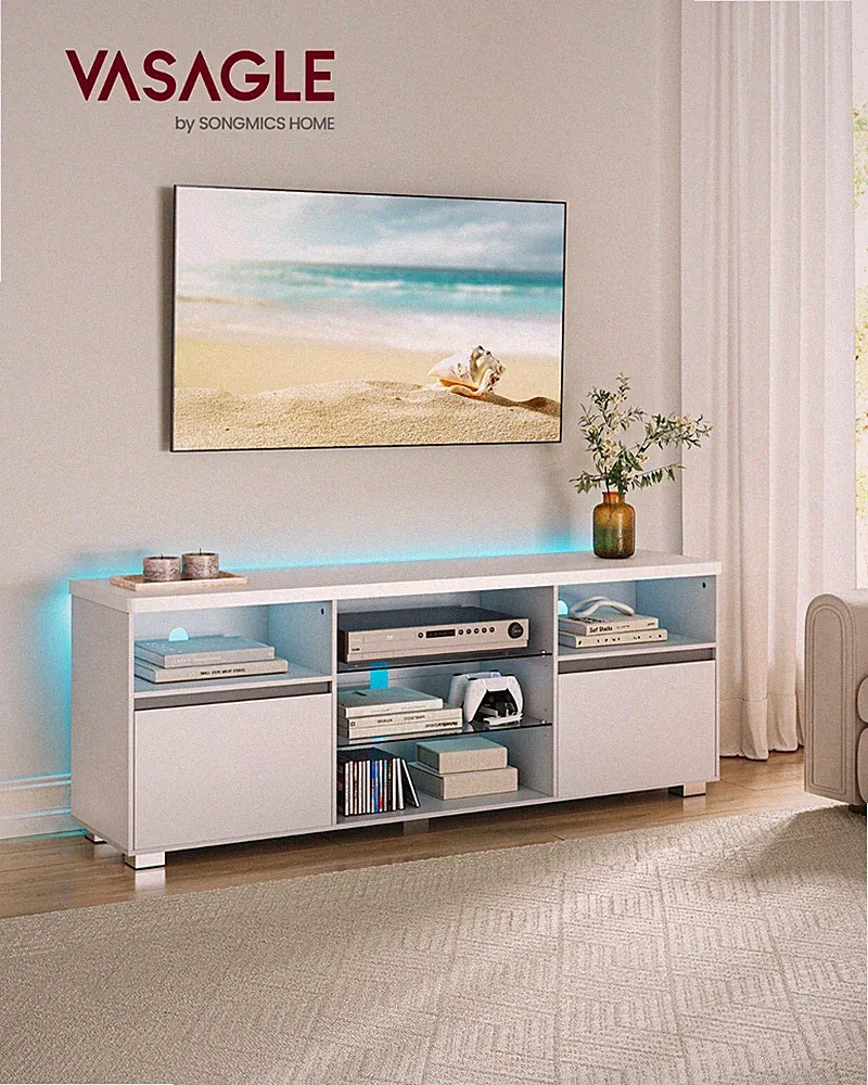 VASAGLE TV-Schrank , Fernsehtisch, 2 Schränke mit Türen, 160 cm, weiß VTL331T10