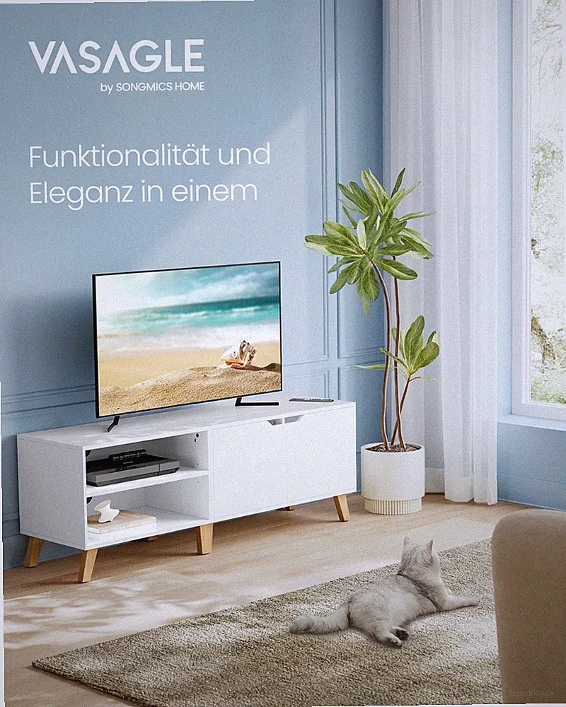 VASAGLE TV-Schrank Fernsehtisch mit 2 Türen 140 cm lang weiß VTL027T46