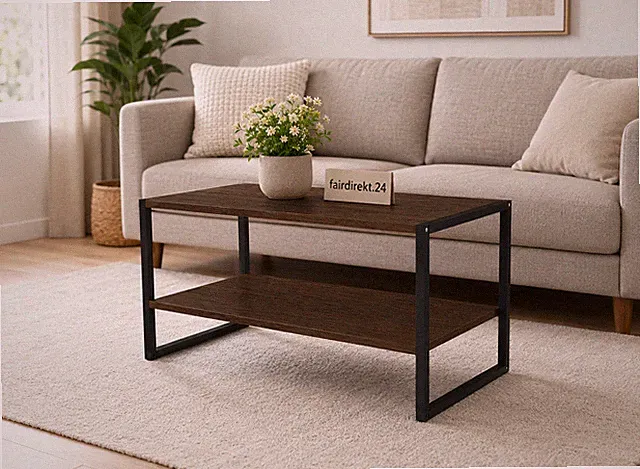VCM Insasi L Couchtisch 90 cm Dunkle Eiche Schwarz Ablage Industrial Neu & OVP
