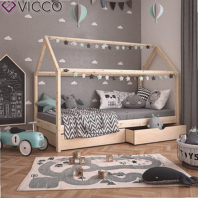 VICCO WIKI Kinderbett mit zwei Schubladen für Jungen und Mädchen aus Massivholz