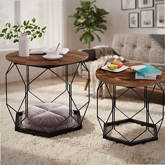 Vielseitiges 2er Set runde Couchtische mit hohlem Metallgestell & Holzablagen