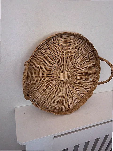 Vintage 14" flacher runder Weidenkorb dekorative Wanddeko Boho Küche Griffe