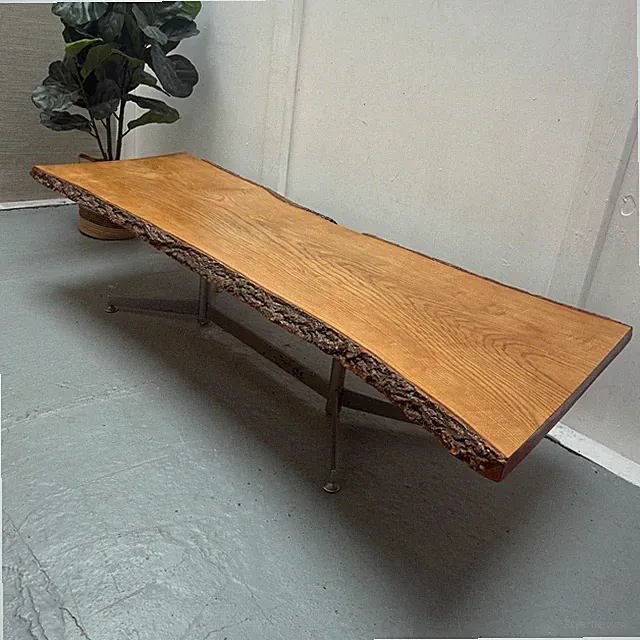 Vintage 70er Jahre Live-Edge Eiche Aluminium Doppelsockel 1,8m Couchtisch