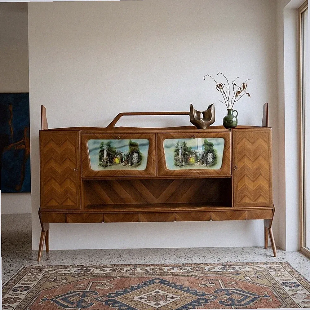 Vintage Anrichte Walnuss Furniert Glas der 50er-60er Jahre