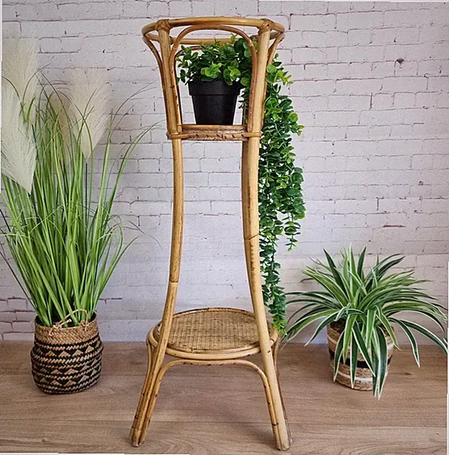 Vintage Bambus 2 Etagen Pflanzenständer Halter geflochten Rattan Boho Rohr Regal 70er Retro