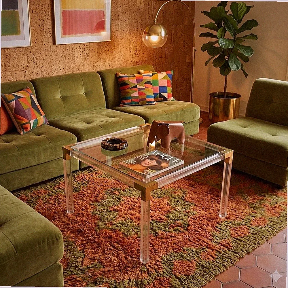 Vintage Couchtisch Messing Glas Plexiglas der 70er Jahre