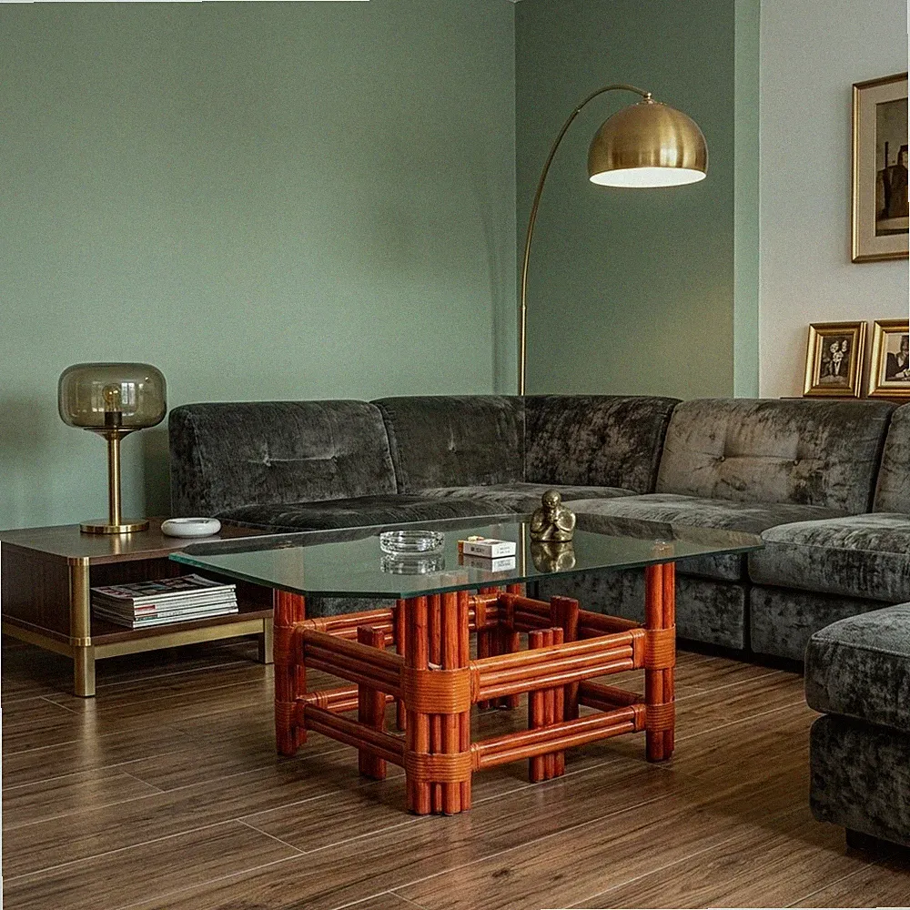 Vintage Couchtisch Rotes Bambus von Maugrion Glas Design 80er Jahre