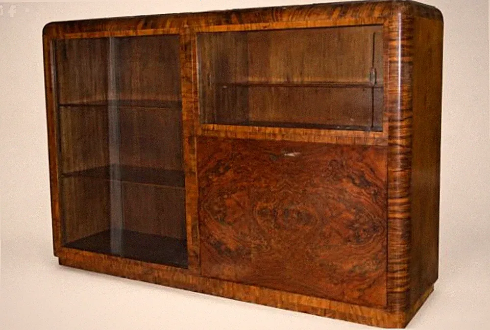 Vintage Freistehender Holzschrank/Vitrine mit Glasfront, 4 Türen, 145x91x36 cm