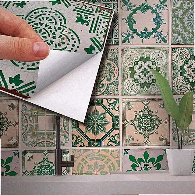 Vintage grüne Azulejo Fliesenaufkleber 15 cm marokkanisch abziehen & kleben Vinyl Spritzschutz