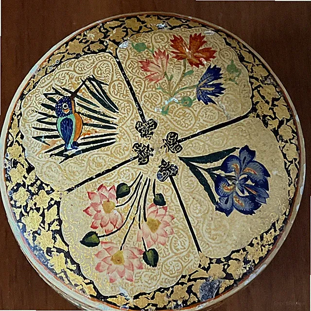 Vintage Kaschmir Schmuckschatulle handbemalt Pappmaché Lack Eisvogel Iris