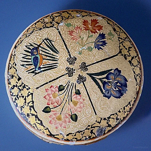 Vintage Kaschmir Schmuckschatulle handbemalt Pappmaché Lack Eisvogel Iris