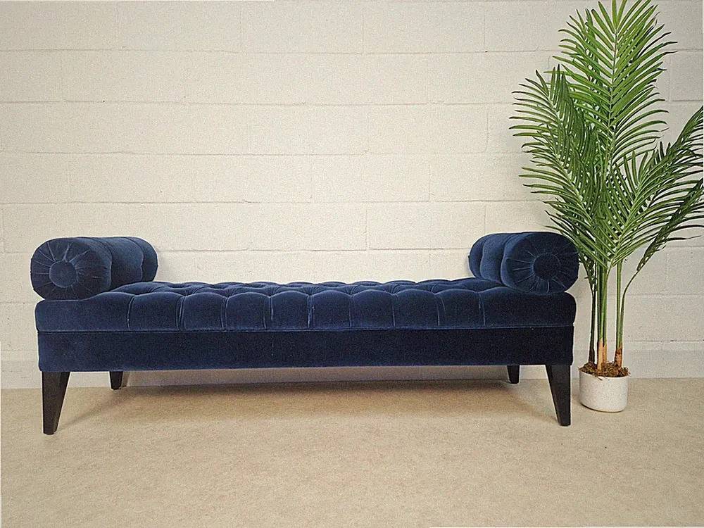 Vintage Mid Century Art Deco Design Samt & ebonisiertes Teak Lang Fenster Sitz Sofa