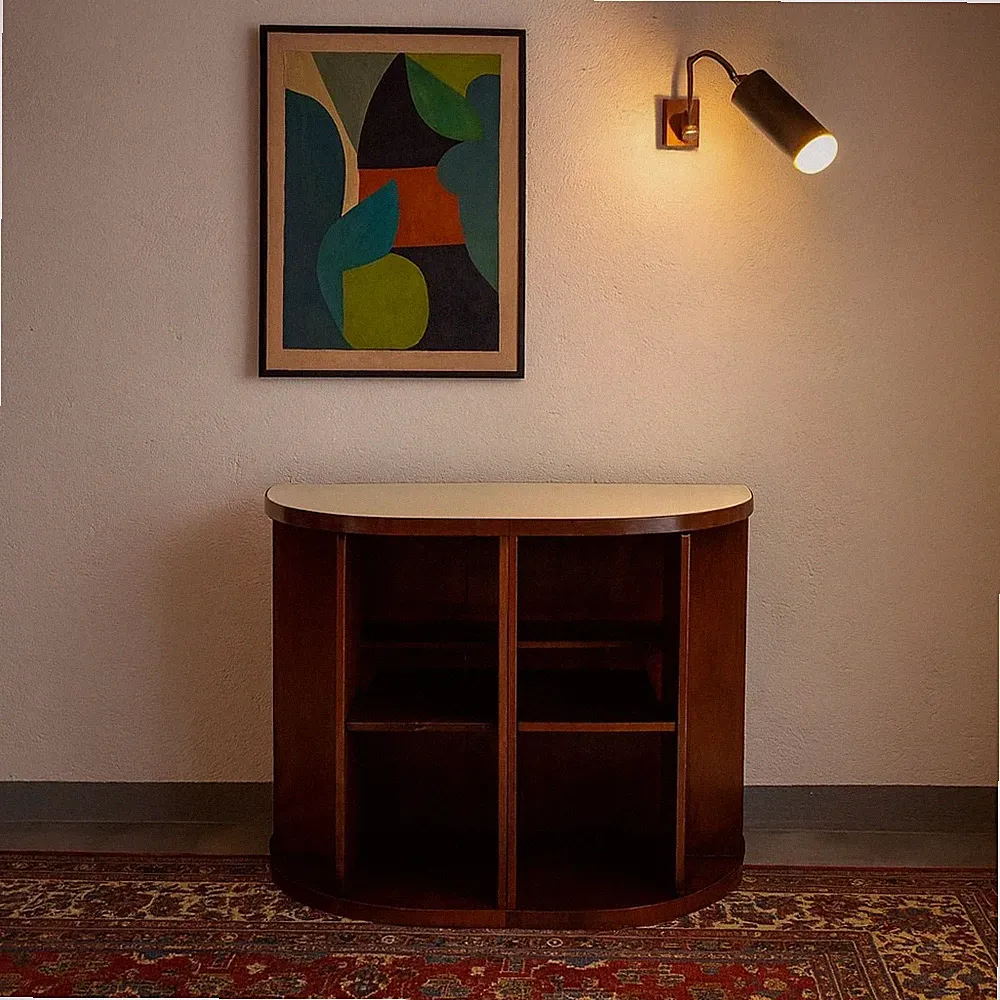 Vintage Möbel Holz Weißglasplatte Design Italien der 60er-70er Jahre