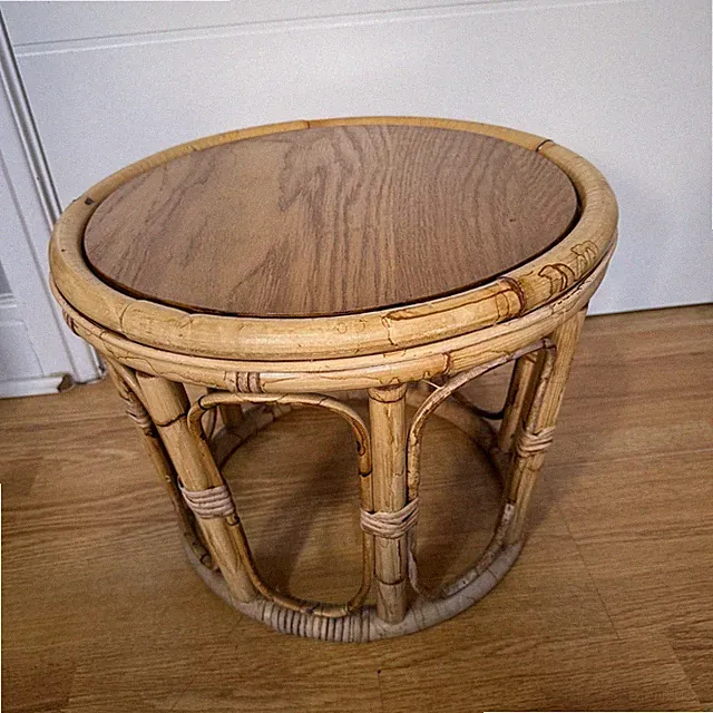 Vintage Rattan Ottomane Hocker Beistelltisch Massivholzplatte Zeitungsständer Boho 70er