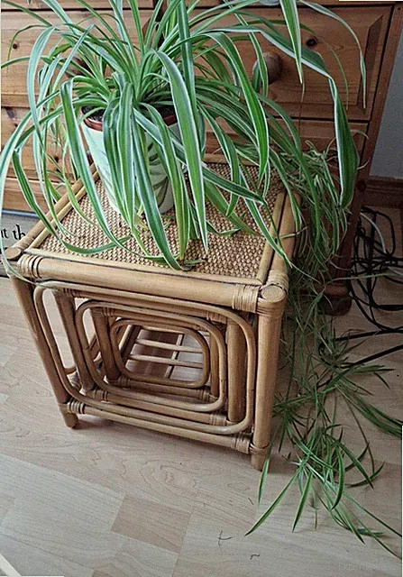 Vintage Retro Bambus Rattan 3er Set Beistelltische Boho Pflanzenständer Natur