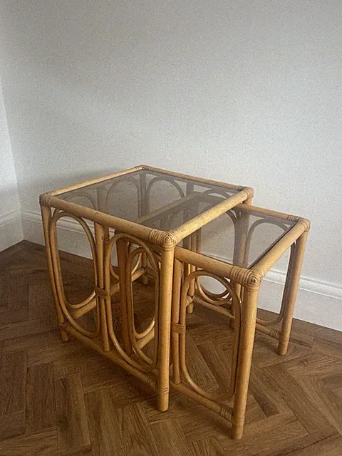 Vintage Satz Boho Mid Century Bambus Korb Glastische Couchtische Beistelltische