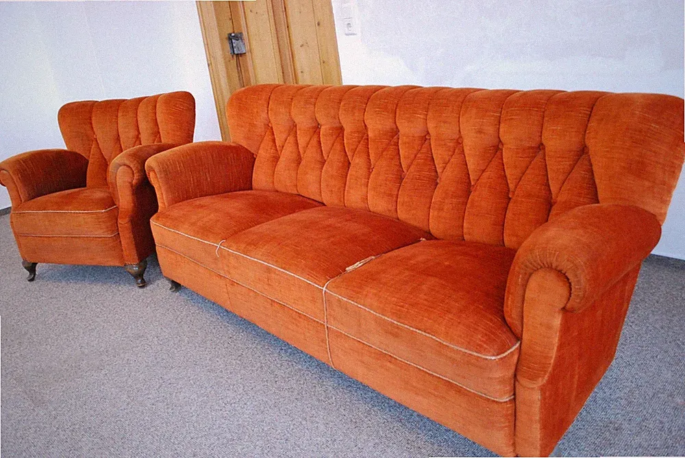 Vintage Sofa und Sessel Orange Polsterung Design der 50er 60er Jahre