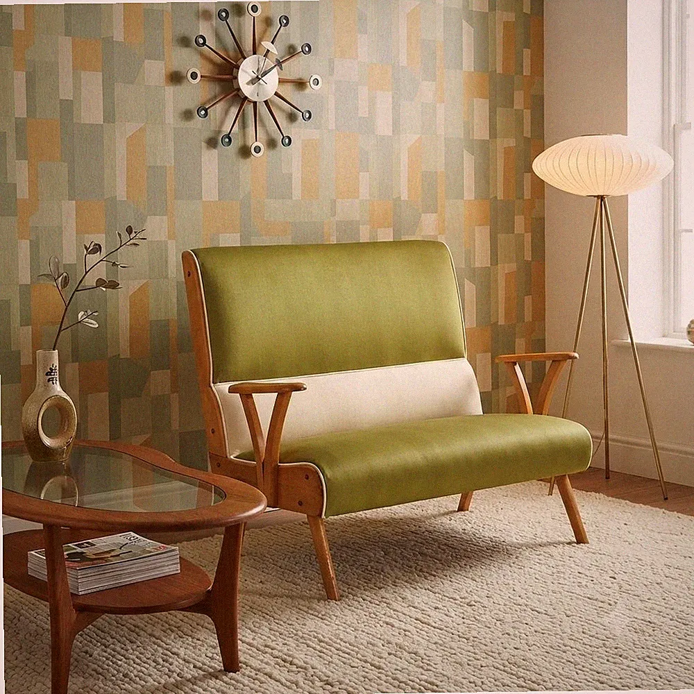 Vintage Sofa Zweifärbiges Stoff Buchenholz Design 50er Jahre Originell