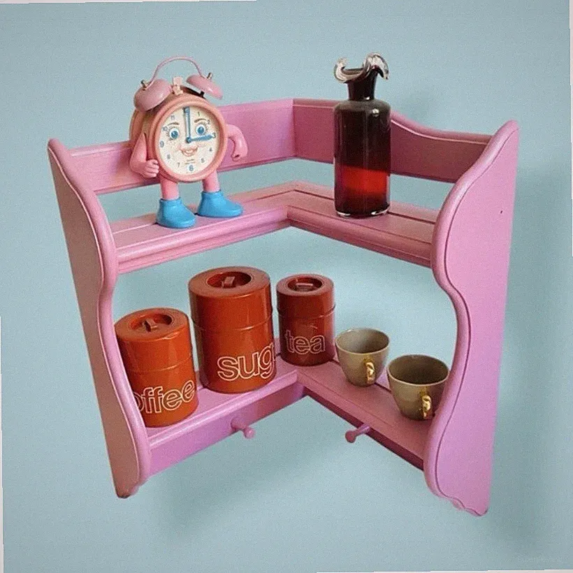 Vintage Wandregal Eckregal rosa Küchenregal pink 56x40 Eiche Unikat