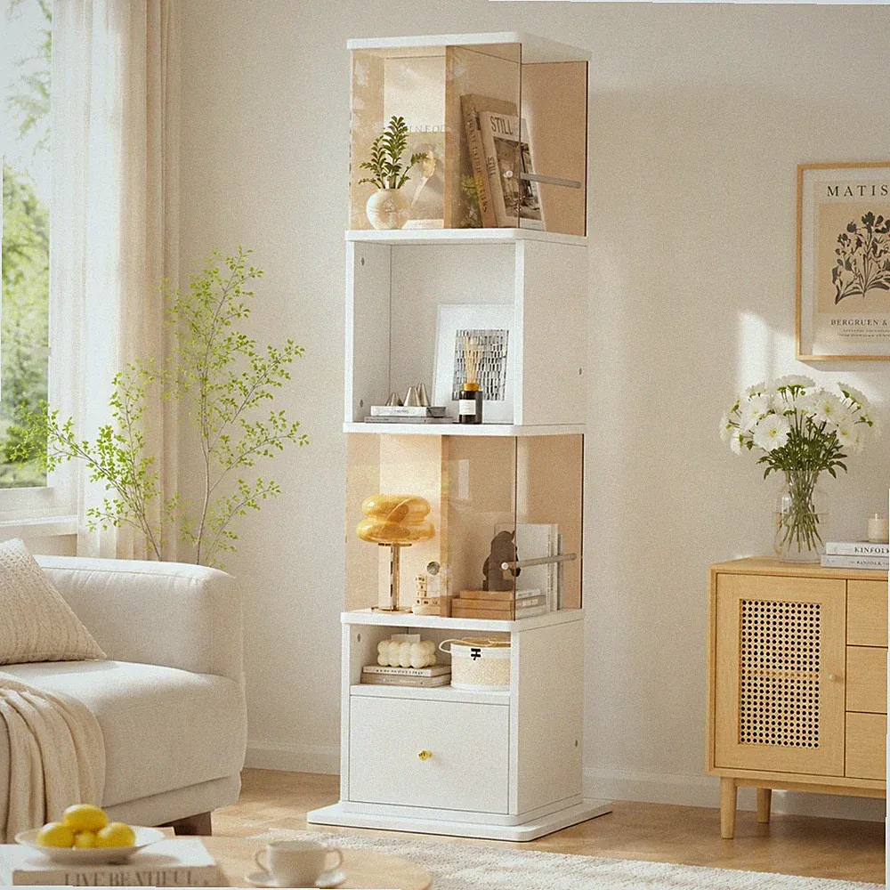 Vitrine 50x50x160cm drehbar mit LED 1 Schublade Weiß braunes Glas Wohnzimmer