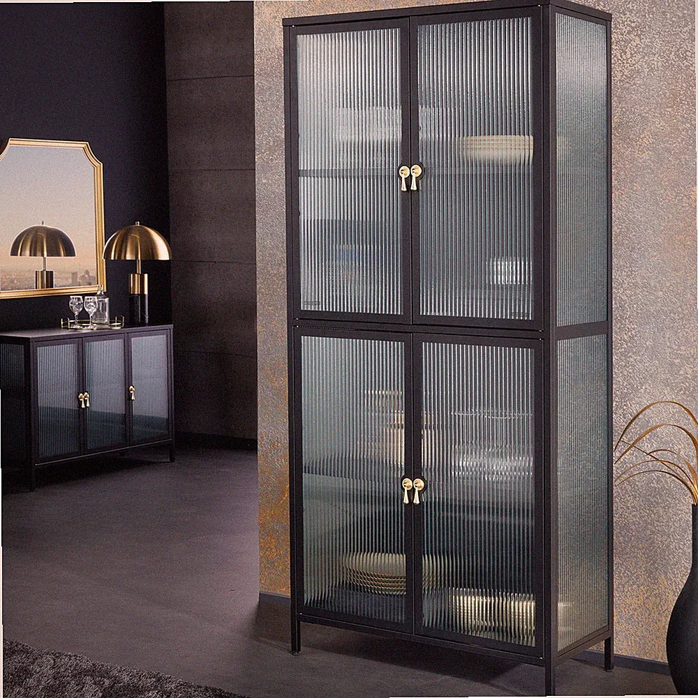 Vitrine AMSTERDAM - 180cm - schwarz gold - Riffelglas Metall - Highboard Schrank