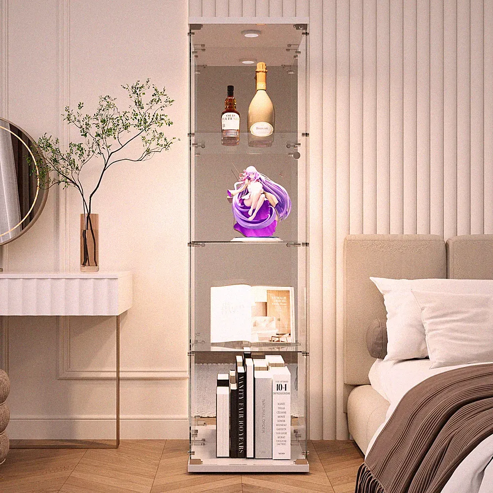 Vitrine aus Glas Spiegel 36,5 x 42,5 x164cm mit Schloss und LED aus Glas auf Fuß
