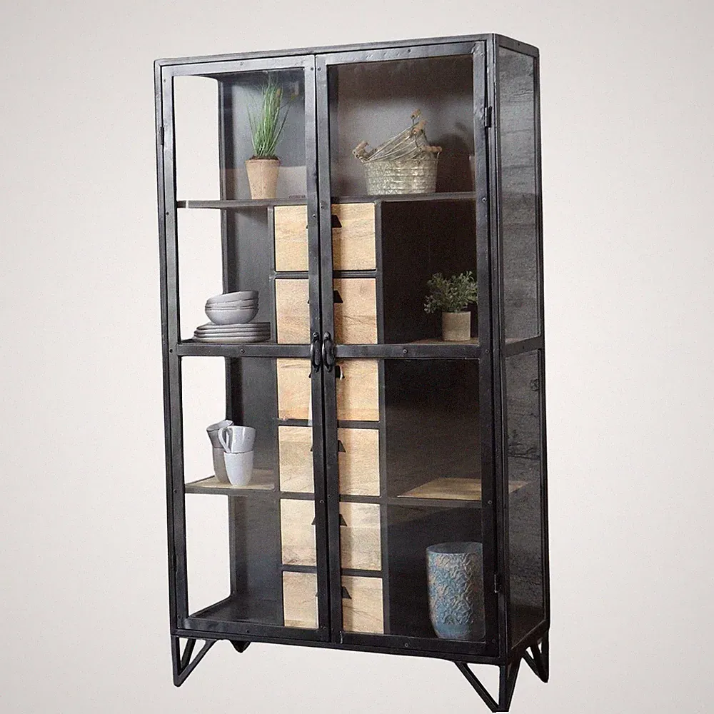 Vitrine BARBAR Design Regal mit Schubladen Eisen & Mangoholz Industrial Schrank