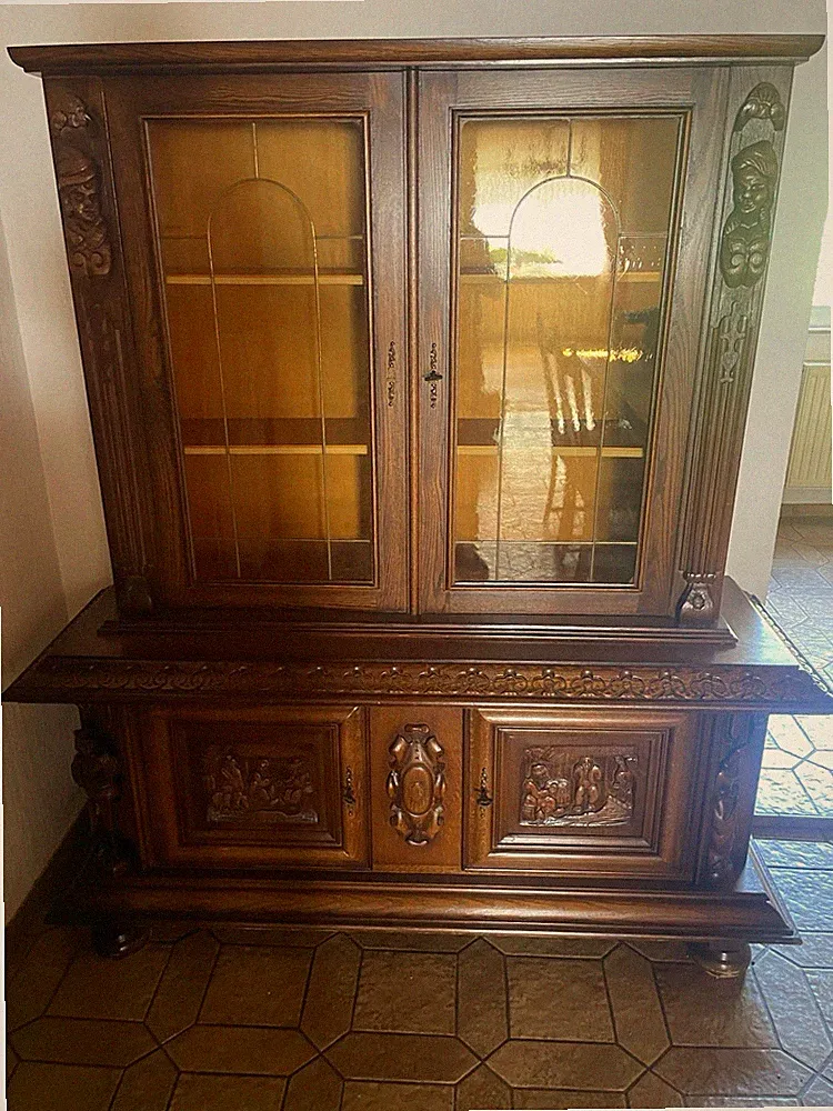 Vitrine Bauernhaus Holz/Glasfront 4 Türen L150xB60xH170 cm ant. Messing