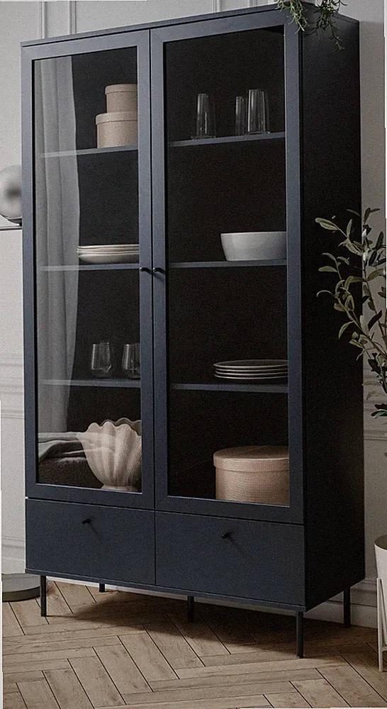 Vitrine blau Wohn- und Esszimmer Vitrinenschrank Glastüren 100 x 183 cm Barina