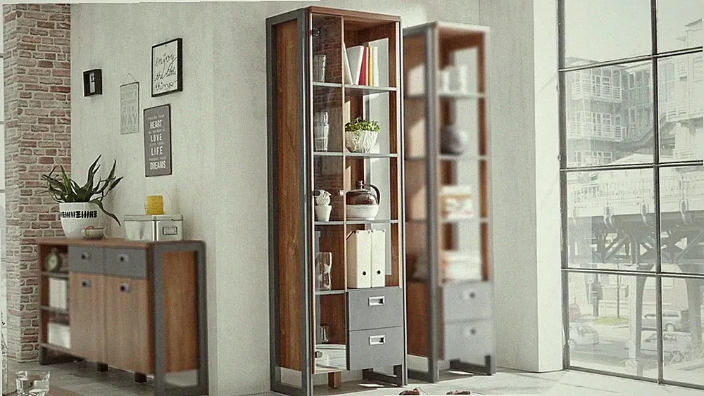 Vitrine Detroit Stirling Oak und anthrazit Glasvitrine Highboard Wohnzimmermöbel