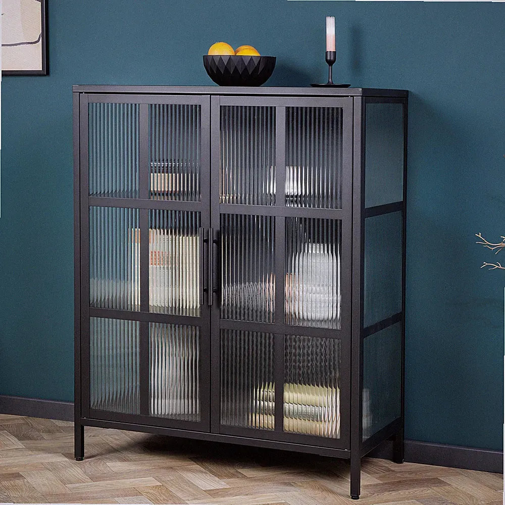 Vitrine DURA STEEL - 80cm - schwarz - Metall Riffelglas - Stauraum Wohnzimmer