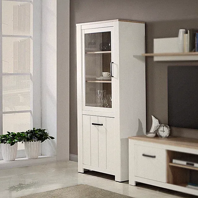 Vitrine Elara Standvitrine Schrank Wohnzimmerschrank weiß matt und Eiche Bianco