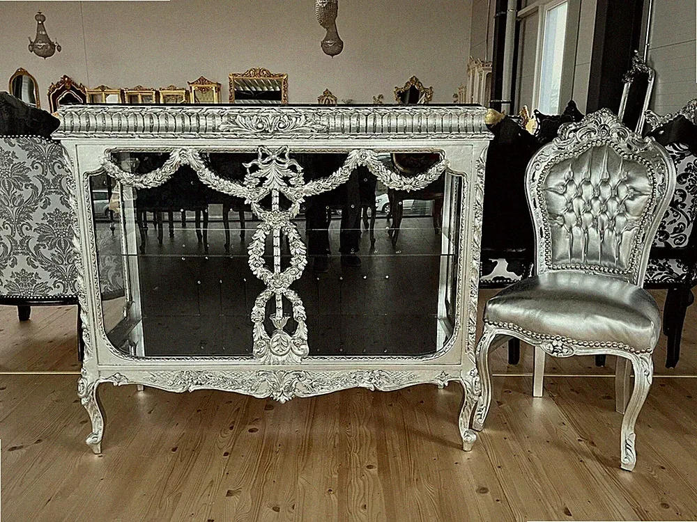 Vitrine French Baroque Antique Style Showcase with Marble Top Silver Black Decor