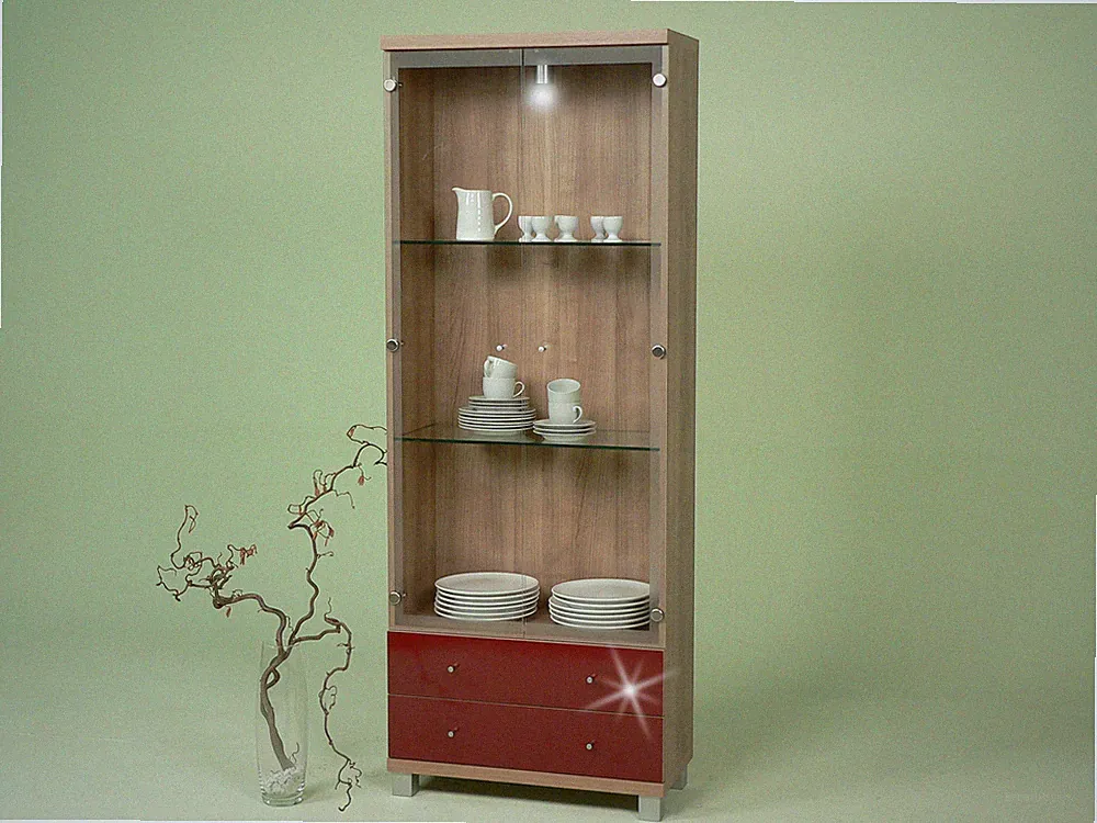 Vitrine Glasvitrine Nussbaum hell Noce - Rot hochglanz mit Beleuchtung
